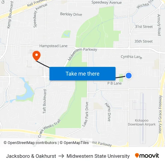 Jacksboro & Oakhurst to Midwestern State University map