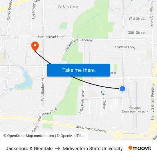 Jacksboro & Glendale to Midwestern State University map