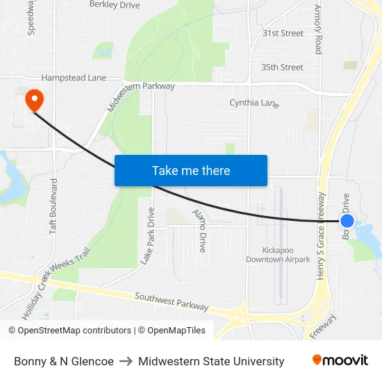 Bonny & N Glencoe to Midwestern State University map