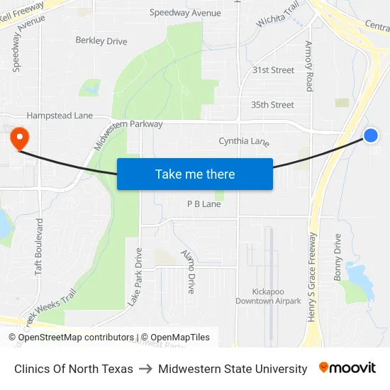 Clinics Of North Texas to Midwestern State University map