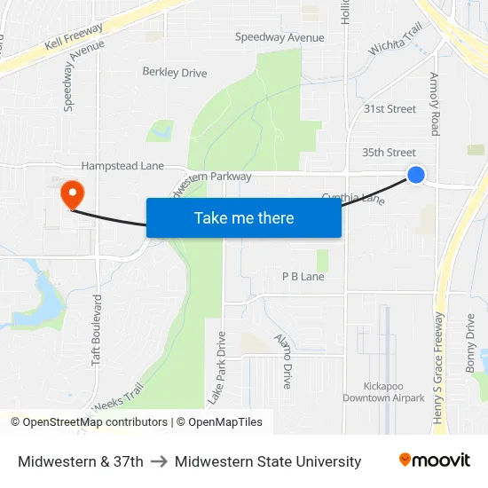Midwestern & 37th to Midwestern State University map
