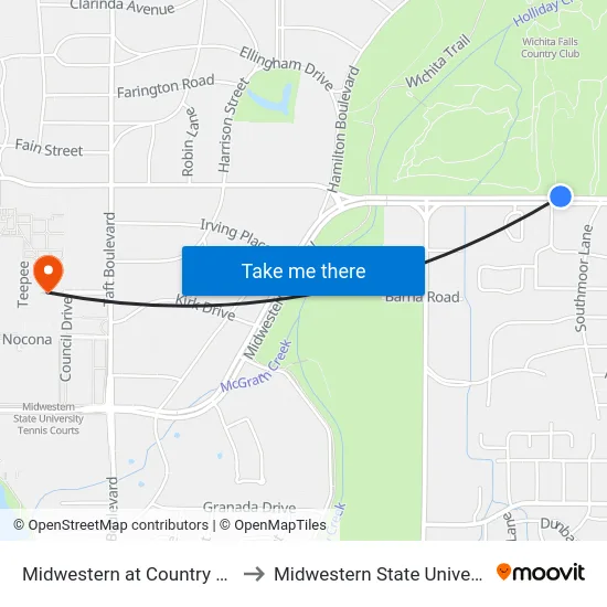 Midwestern at Country Club to Midwestern State University map