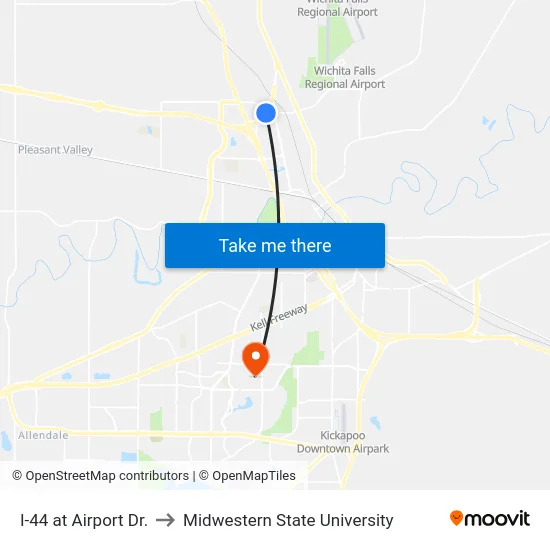 I-44 at Airport Dr. to Midwestern State University map