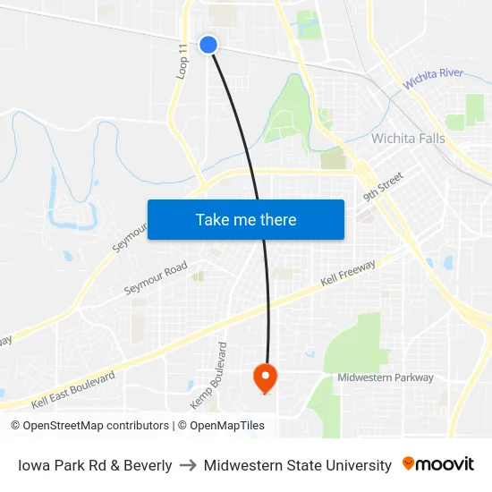 Iowa Park Rd & Beverly to Midwestern State University map