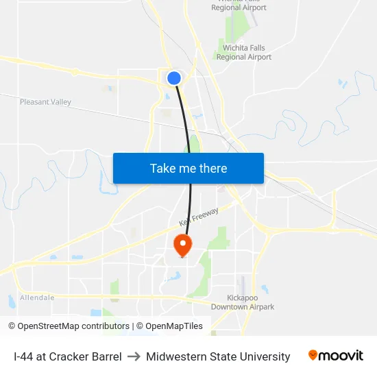 I-44 at Cracker Barrel to Midwestern State University map