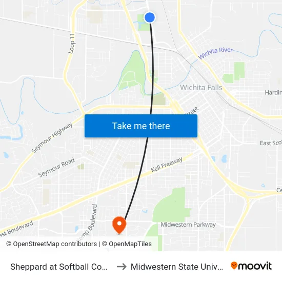 Sheppard at Softball Complex to Midwestern State University map