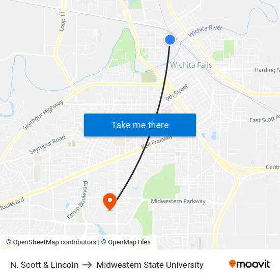 N. Scott & Lincoln to Midwestern State University map