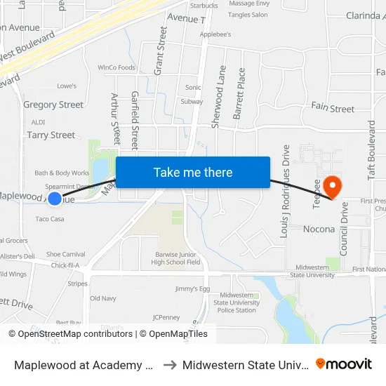 Maplewood at Academy Sports to Midwestern State University map