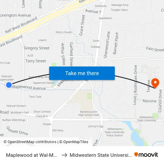 Maplewood at Wal-Mart to Midwestern State University map
