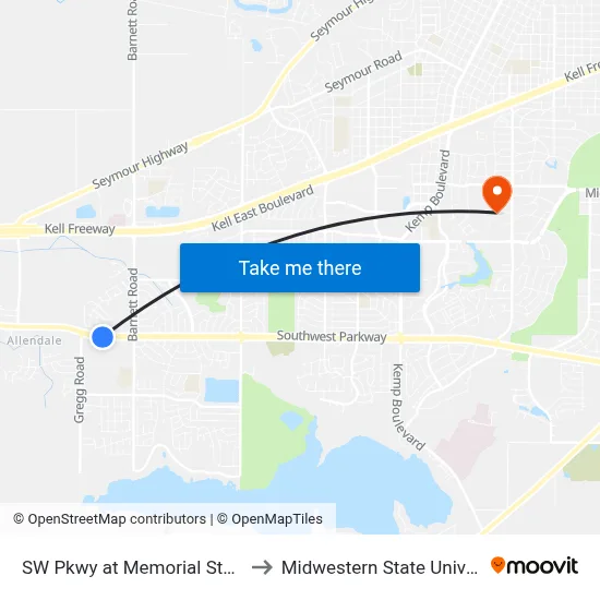 SW Pkwy at Memorial Stadium to Midwestern State University map