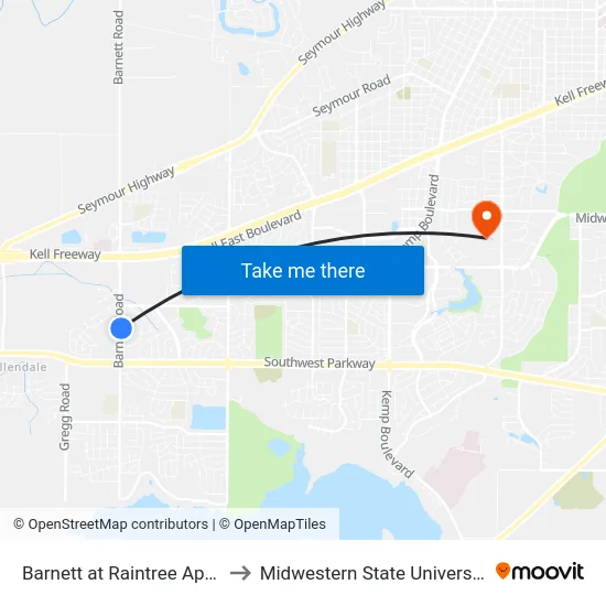 Barnett at Raintree Apts. to Midwestern State University map