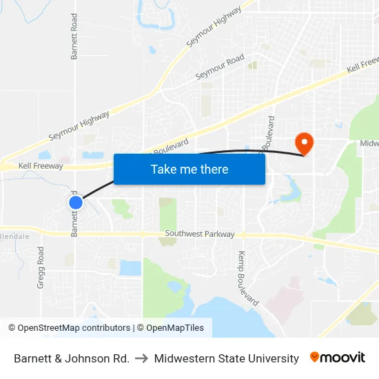 Barnett & Johnson Rd. to Midwestern State University map
