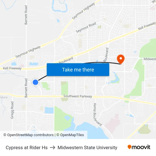 Cypress at Rider Hs to Midwestern State University map