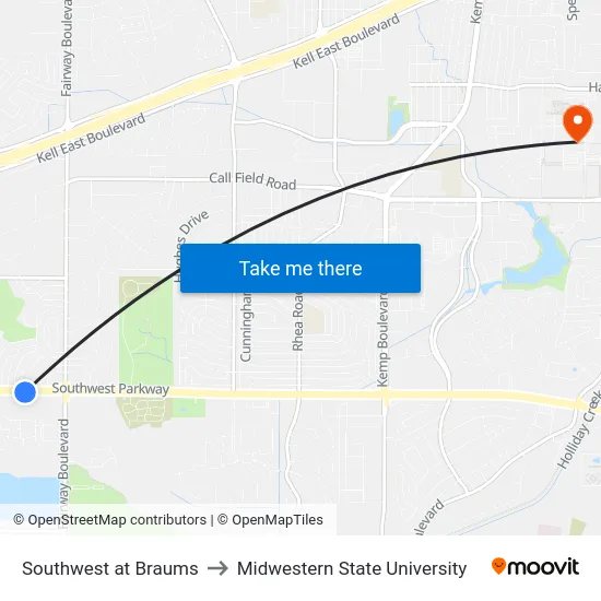 Southwest at Braums to Midwestern State University map