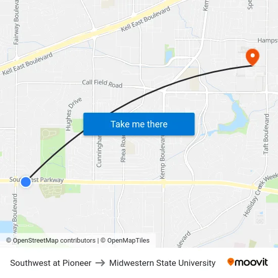 Southwest at Pioneer to Midwestern State University map
