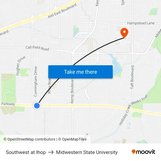 Southwest at Ihop to Midwestern State University map