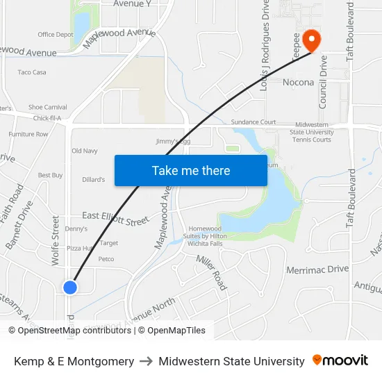 Kemp & E Montgomery to Midwestern State University map