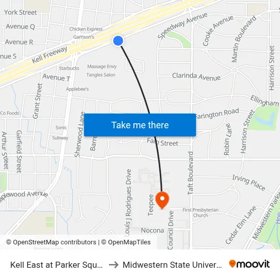 Kell East at Parker Square to Midwestern State University map