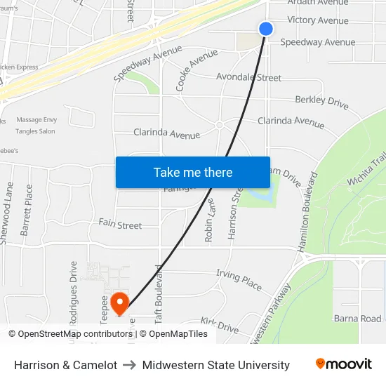 Harrison & Camelot to Midwestern State University map