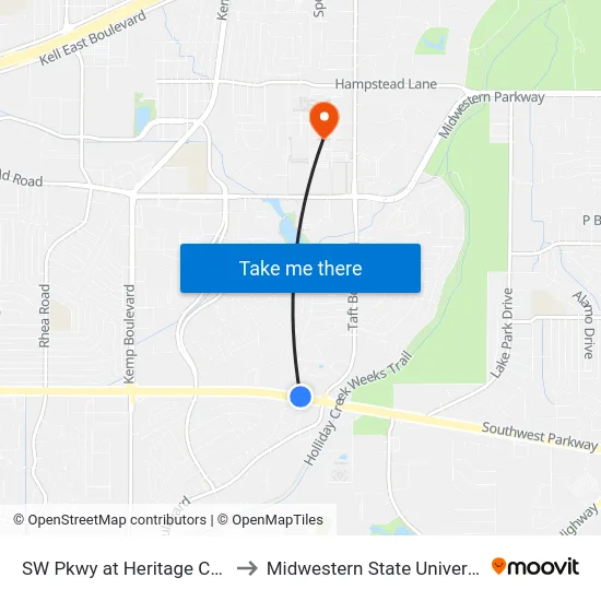 SW Pkwy at Heritage Chur. to Midwestern State University map