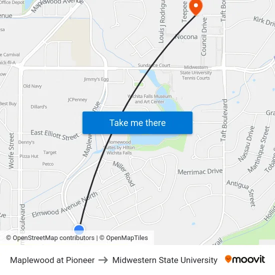 Maplewood at Pioneer to Midwestern State University map