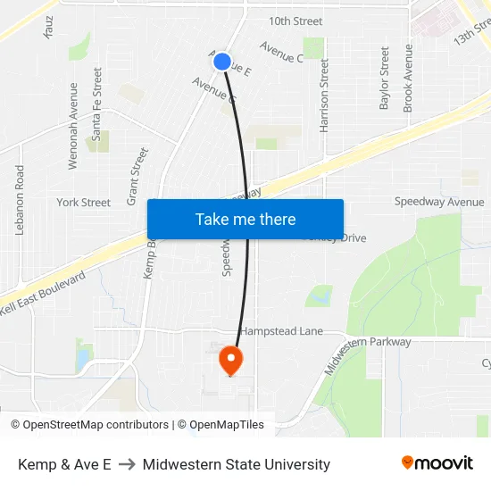 Kemp & Ave E to Midwestern State University map