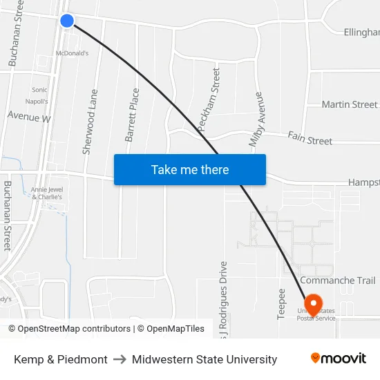 Kemp & Piedmont to Midwestern State University map