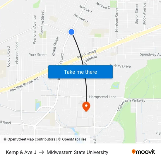 Kemp & Ave J to Midwestern State University map