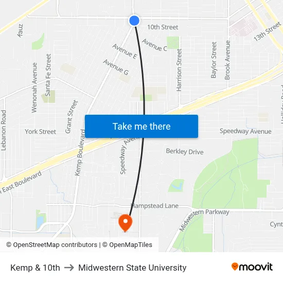 Kemp & 10th to Midwestern State University map