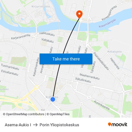 Asema-Aukio I to Porin Yliopistokeskus map