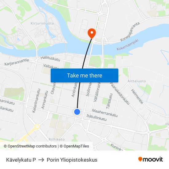 Kävelykatu P to Porin Yliopistokeskus map