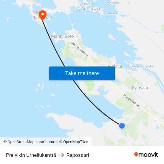 Preivikin Urheilukenttä to Reposaari map