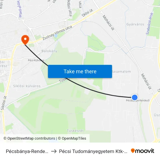 Pécsbánya-Rendező to Pécsi Tudományegyetem Ktk-Ájk map