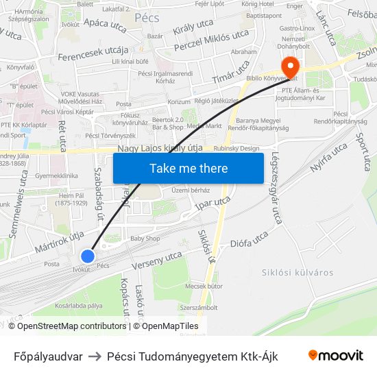 Főpályaudvar to Pécsi Tudományegyetem Ktk-Ájk map