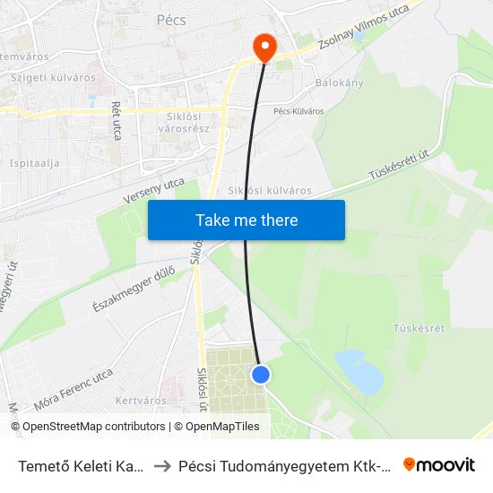 Temető Keleti Kapu to Pécsi Tudományegyetem Ktk-Ájk map