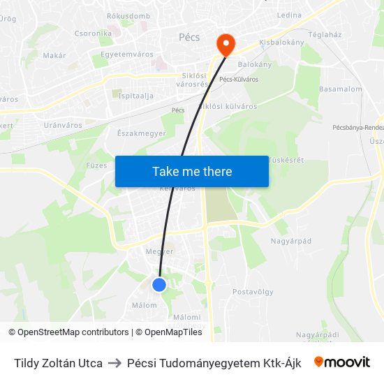 Tildy Zoltán Utca to Pécsi Tudományegyetem Ktk-Ájk map