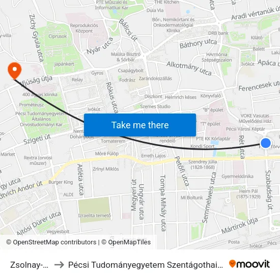Zsolnay-Szobor to Pécsi Tudományegyetem Szentágothai János Kutatóközpont map
