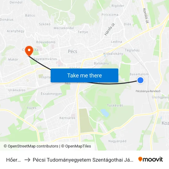 Hőerőmű to Pécsi Tudományegyetem Szentágothai János Kutatóközpont map