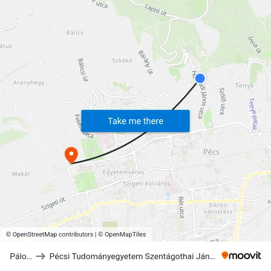 Pálosok to Pécsi Tudományegyetem Szentágothai János Kutatóközpont map