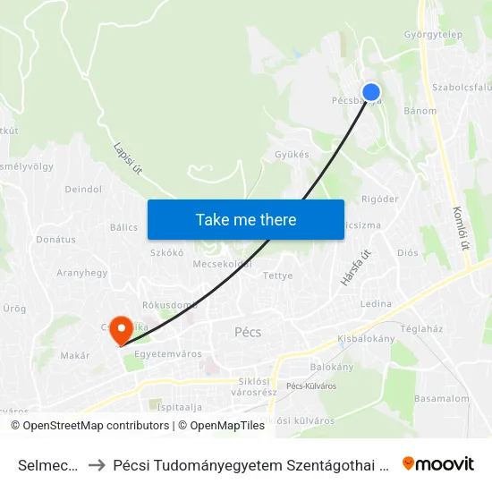 Selmecz Utca to Pécsi Tudományegyetem Szentágothai János Kutatóközpont map