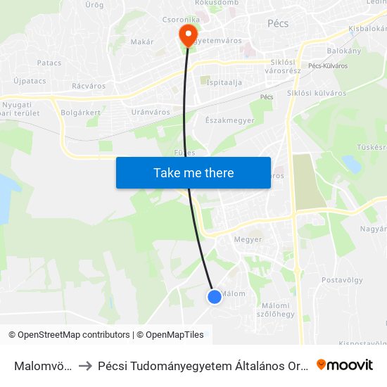 Malomvölgyi Út to Pécsi Tudományegyetem Általános Orvostudományi Kar map