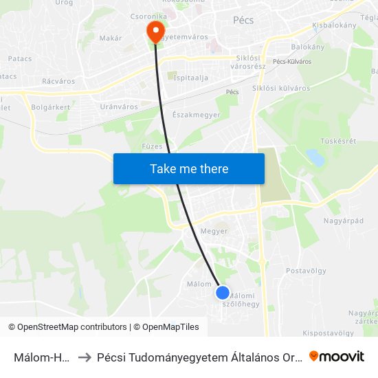 Málom-Hegyi Út to Pécsi Tudományegyetem Általános Orvostudományi Kar map