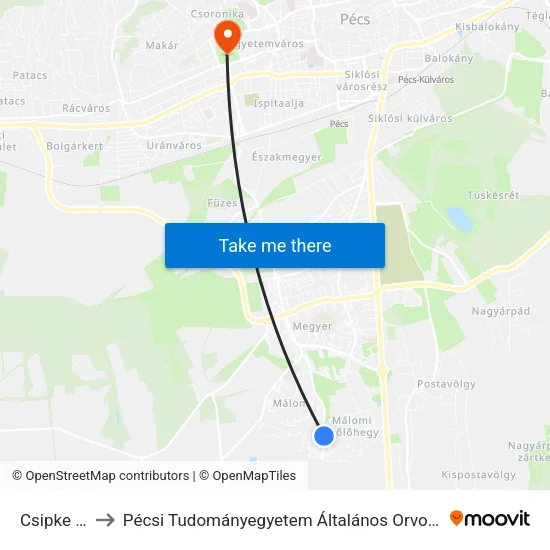 Csipke Utca to Pécsi Tudományegyetem Általános Orvostudományi Kar map