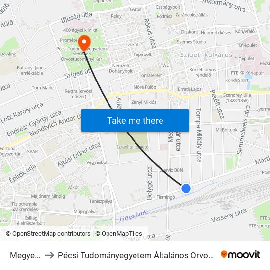 Megyeri Út to Pécsi Tudományegyetem Általános Orvostudományi Kar map