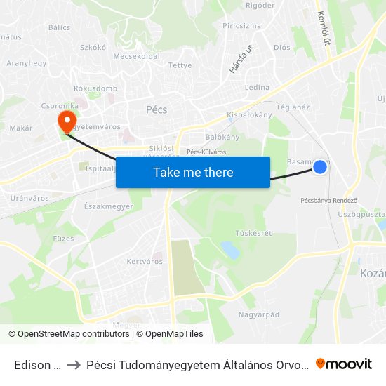 Edison Utca to Pécsi Tudományegyetem Általános Orvostudományi Kar map