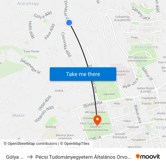 Gólya Dűlő to Pécsi Tudományegyetem Általános Orvostudományi Kar map