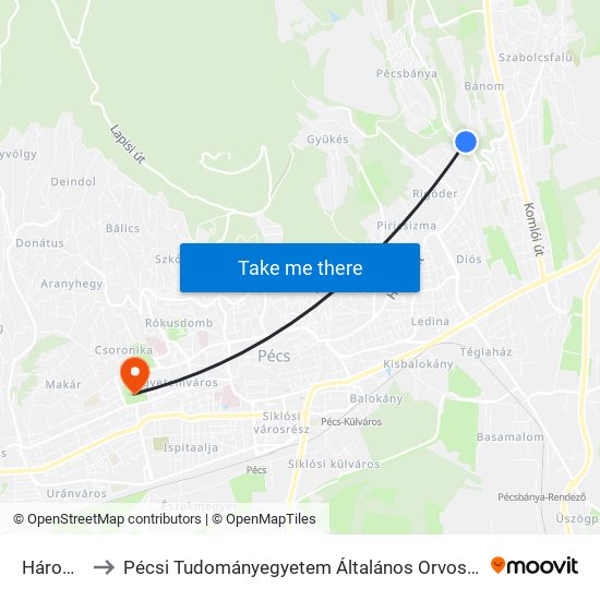 Háromhíd to Pécsi Tudományegyetem Általános Orvostudományi Kar map