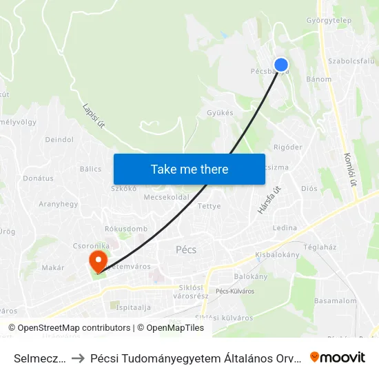Selmecz Utca to Pécsi Tudományegyetem Általános Orvostudományi Kar map