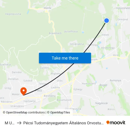 M Utca to Pécsi Tudományegyetem Általános Orvostudományi Kar map