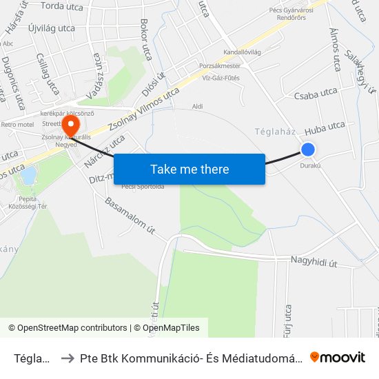 Téglagyár to Pte Btk Kommunikáció- És Médiatudományi Tanszék map